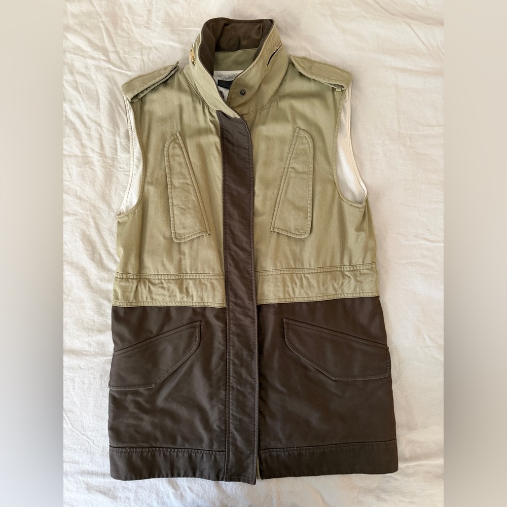 rag & bone and Olive/Khaki and Brown Utility Vest with Stowable Hood — size M